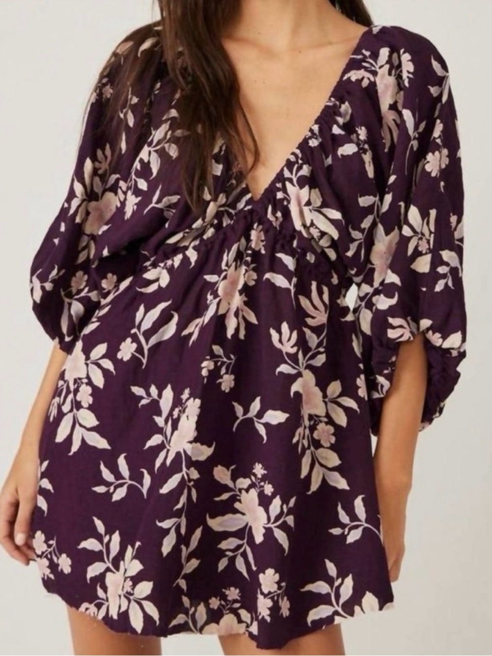 Free People Portia Floral Mini Dress S Purple Boho Balloon Sleeve Linen Blend